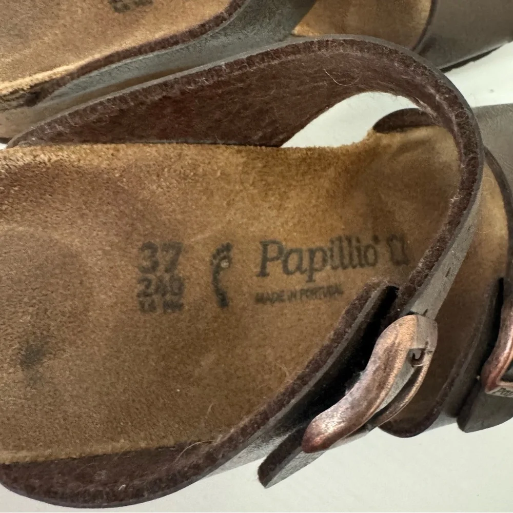 Birkenstock Dorothy Papillio 6-6.5 Brown Cork Wedge Slide Sandals  Dual Straps